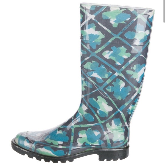 Burberry Blue and Green Watercolor Patterned Rain Boots Size 10 - Picture 1 of 5